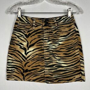 Vtg Y2K YMI Tiger Print Denim Mini Skirt Sz 1/25 Gold Black Indie 90s Punk